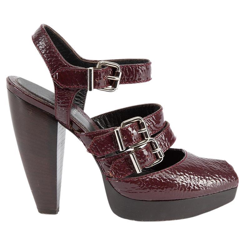 Pre-Loved Fendi Women's Burgundy Patent Leather Strappy Buckle Peep Toe Heels For Sale