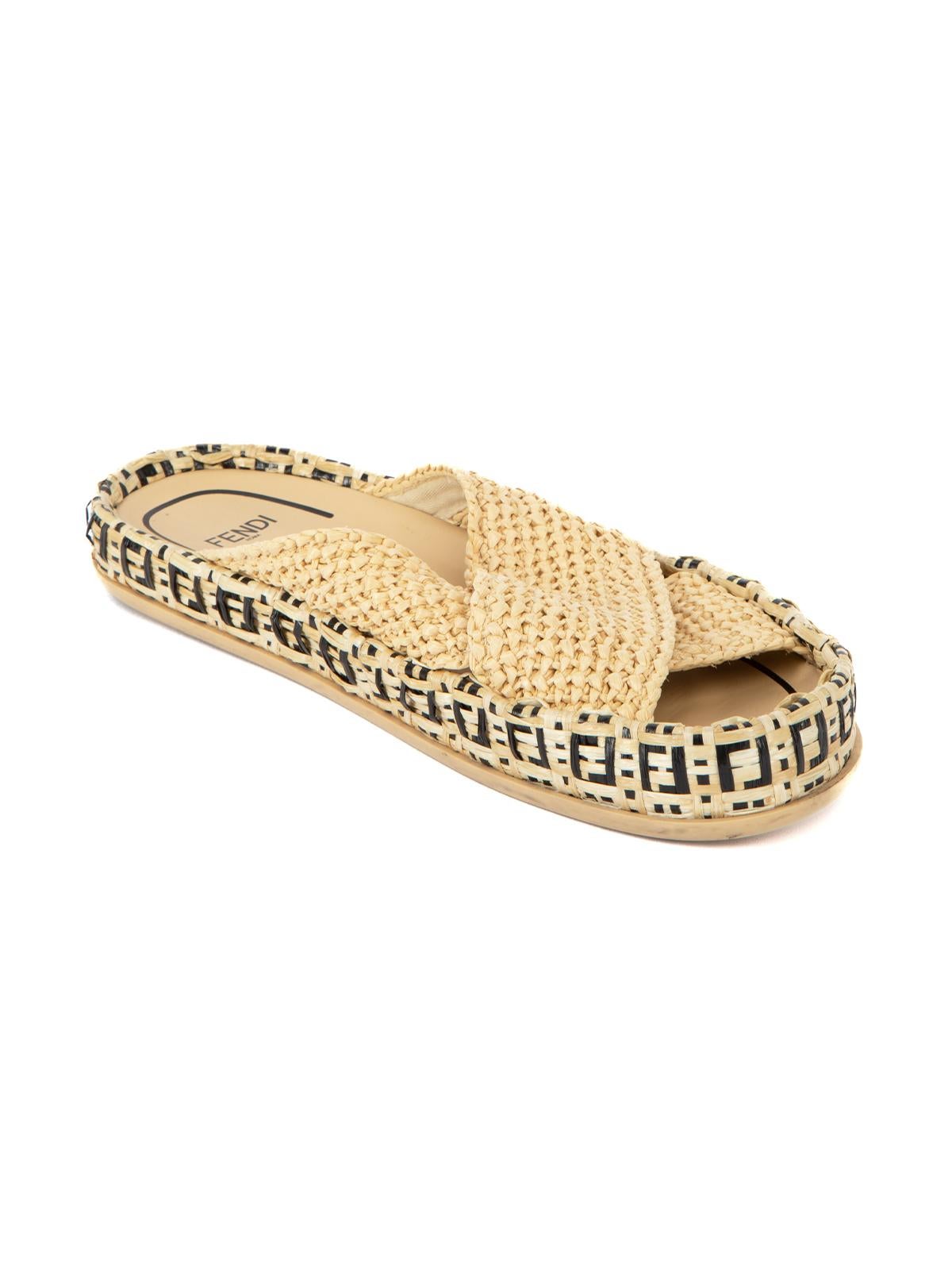 CONDITION is Very good. Minimal wear to sandals is evident. Minimal wear to the outsole on this used Fendi designer resale item. Details Beige Wicker material Slide sandals Open toe Criss cross style Made in ITALY Composition EXTERIOR:(WICKER) Size