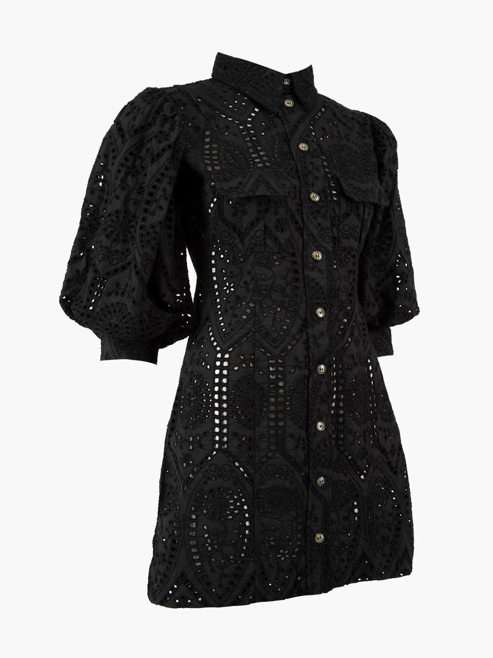 Pre-Loved Ganni Women's Black Perforated Embroidered Shirt Dress 1