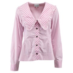 Pre-Loved Ganni Women's Pink and White Striped Button Up Shirt