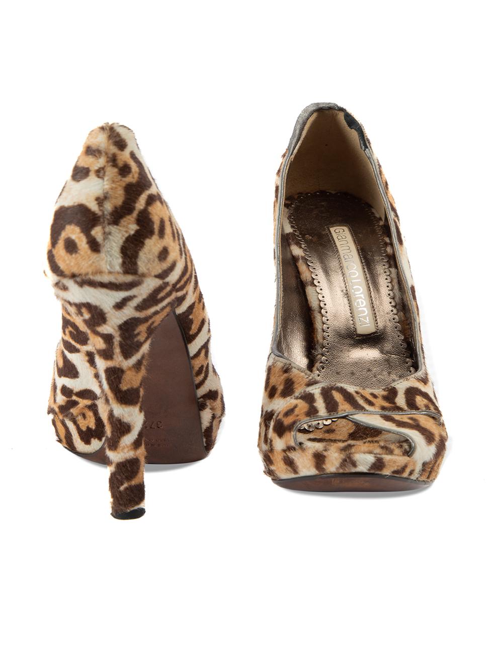 Pre-Loved Gianmarco Lorenzi Women's Leopard Print Ponyhair Peep Toe Heels In Excellent Condition For Sale In London, GB