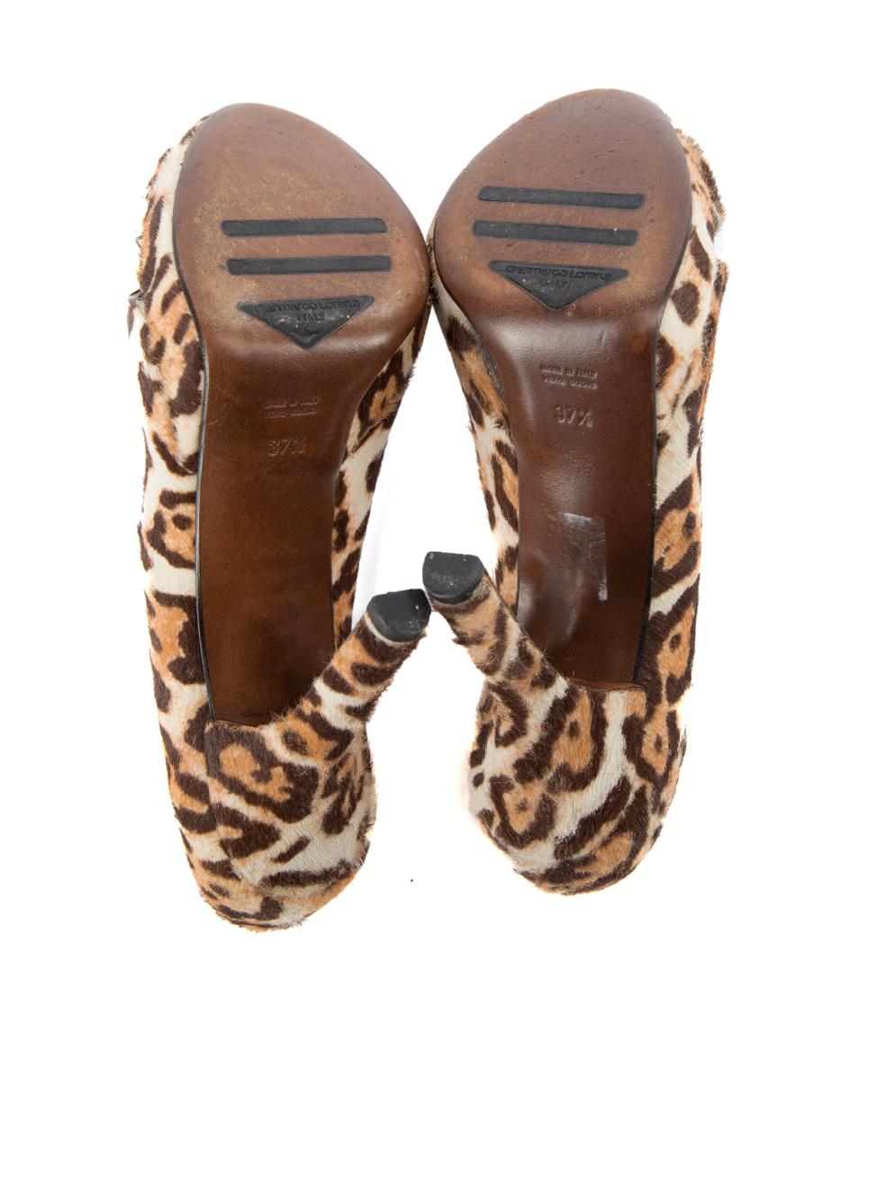 Pre-Loved Gianmarco Lorenzi Women's Leopard Print Ponyhair Peep Toe Heels For Sale 1