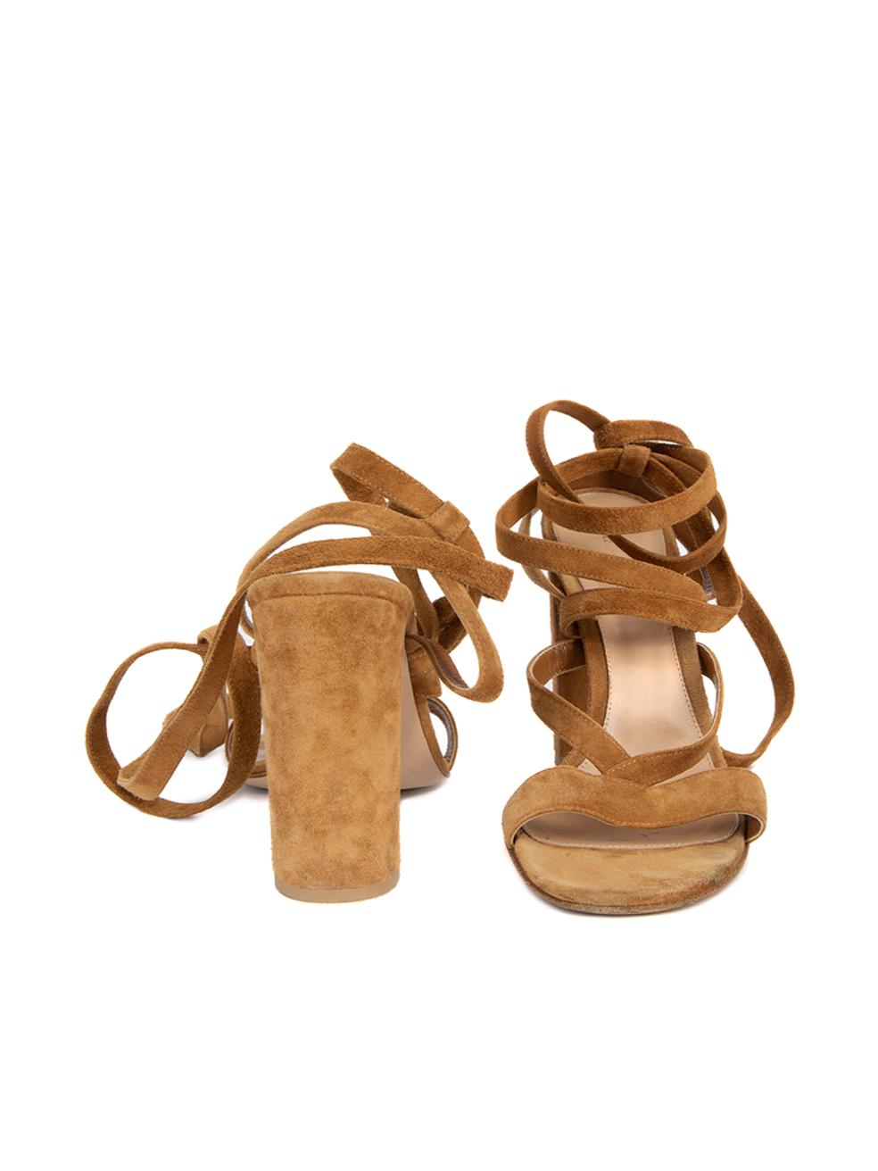 Pre-Loved Gianvito Rossi Women's Camel Suede Strappy Block Heel Sandals In Excellent Condition In London, GB