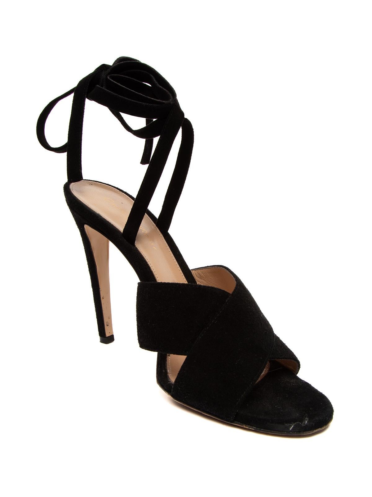 CONDITION is Good. General wear to heels is evident. Moderate signs of wear to outsole on this used Gianvito Rossi designer resale item. Details Colour - black Material - suede Style - strappy Toe style - peep-toe Ankle straps tie fastenings Heel