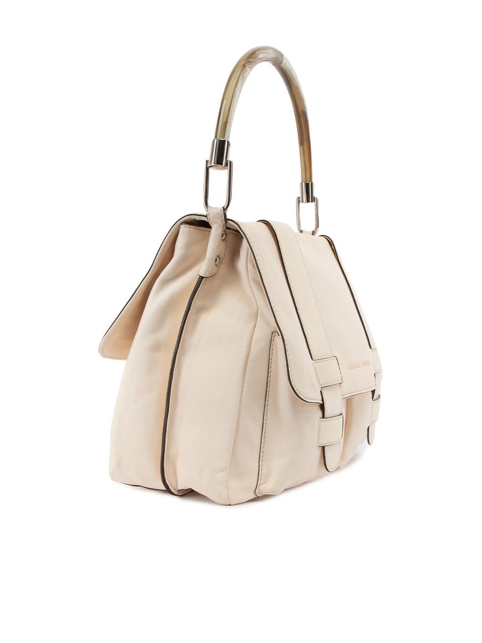 CONDITION is Very good. Minimal wear to bag is evident. Marks and stain on back and bottom of the bag is seen on this used Giorgio Armani designer resale item. Details Cream Leather 1x Resin top handle 1x Detachable shoulder strap Two main