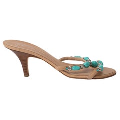 Pre-Loved Giuseppe Zanotti Women's Beige Leather Sandal with Turquoise Details