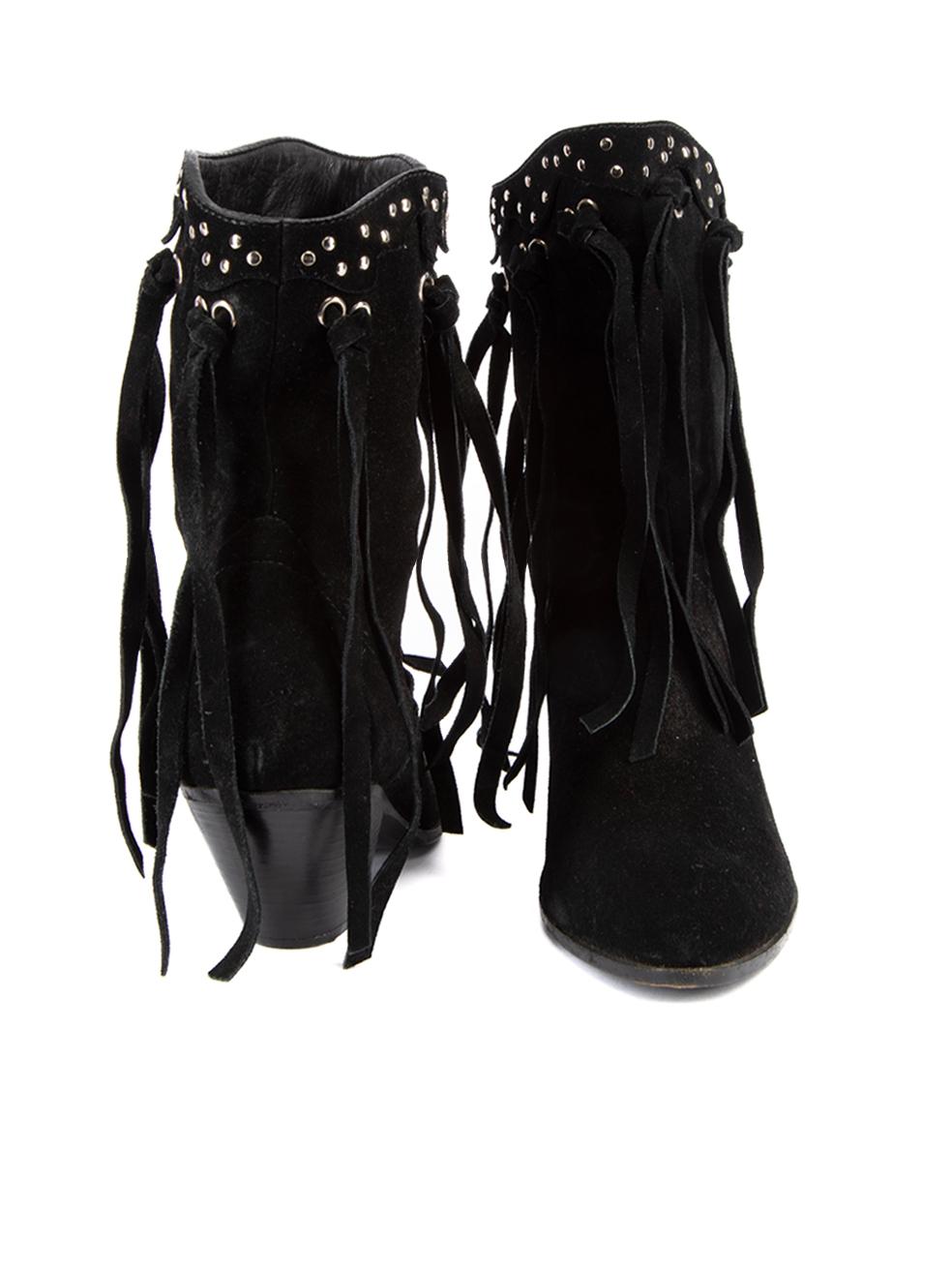 Pre-Loved Giuseppe Zanotti Women's Black Suede Studded Fringe Cowboy Boots In Excellent Condition For Sale In London, GB