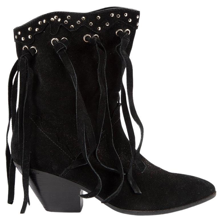 Pre-Loved Giuseppe Zanotti Women's Black Suede Studded Fringe Cowboy Boots For Sale
