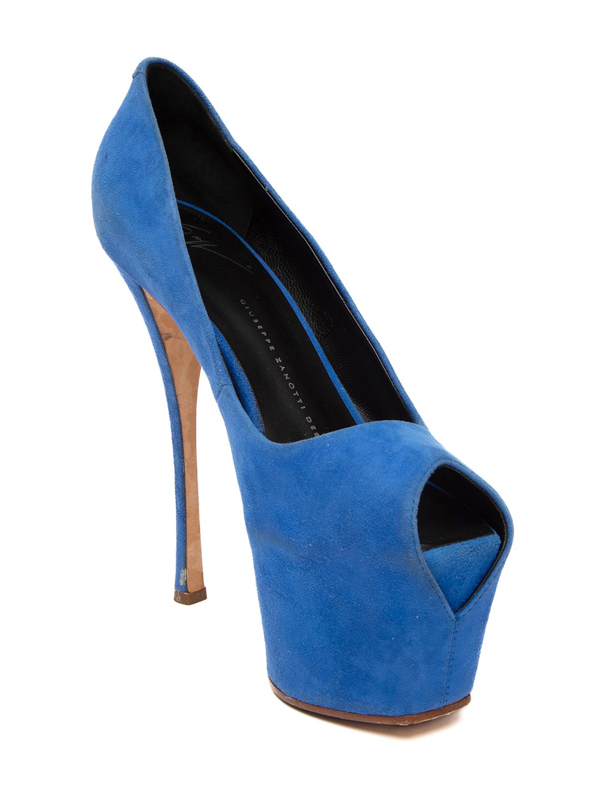 CONDITION is Good. Some wear to heels is evident. Slight discolouration to suede, wear to outer sole on this used Giuseppe Zanotti designer resale item. Details Blue Suede Peep toe Stiletto Double platform Leather insoles embossed with Giuseppe