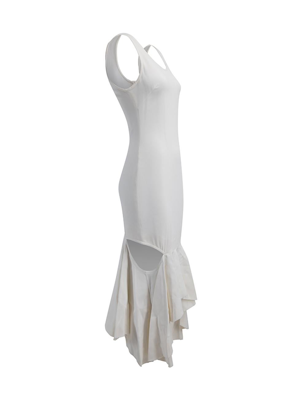 CONDITION is Very good. Minimnal wear to dress is evident. Fraying to hemline and a small oil stain near the hem on this used Givenchy designer resale item. Details White Synthetic Knee Length dress Round neckline Drop waist Cut out design on skirt