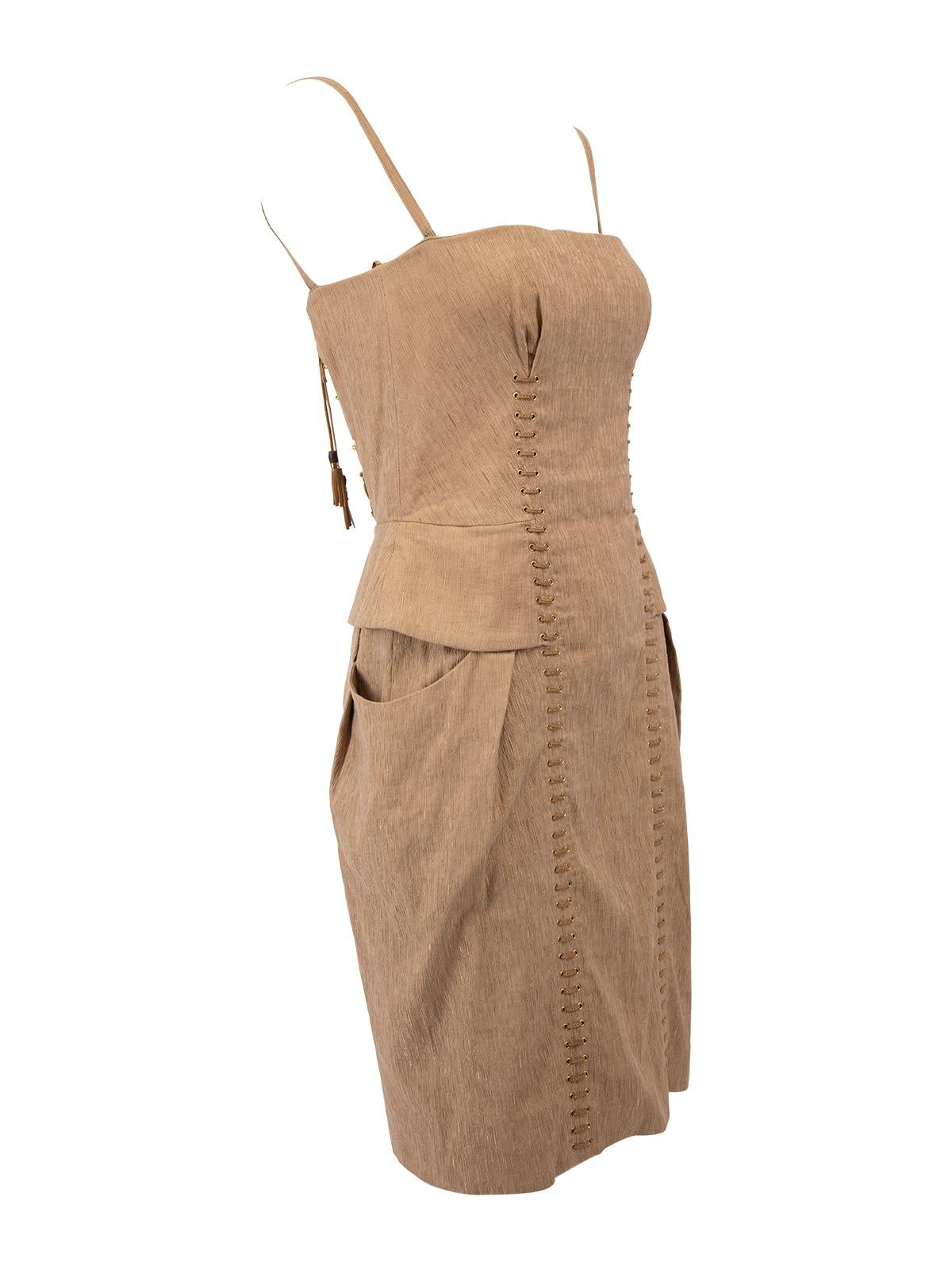 CONDITION is Very good. Minimal wear to dress is evident. Minimal wear to the outer cotton fabric where loose thread can be seen on the lining on this used Gucci designer resale item. Details Beige Cotton Mini dress Bodycon Spaghetti strap