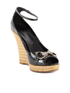 Pre-Loved Gucci Women's Black Horsebit Accent Open Toe Wicker Wedges