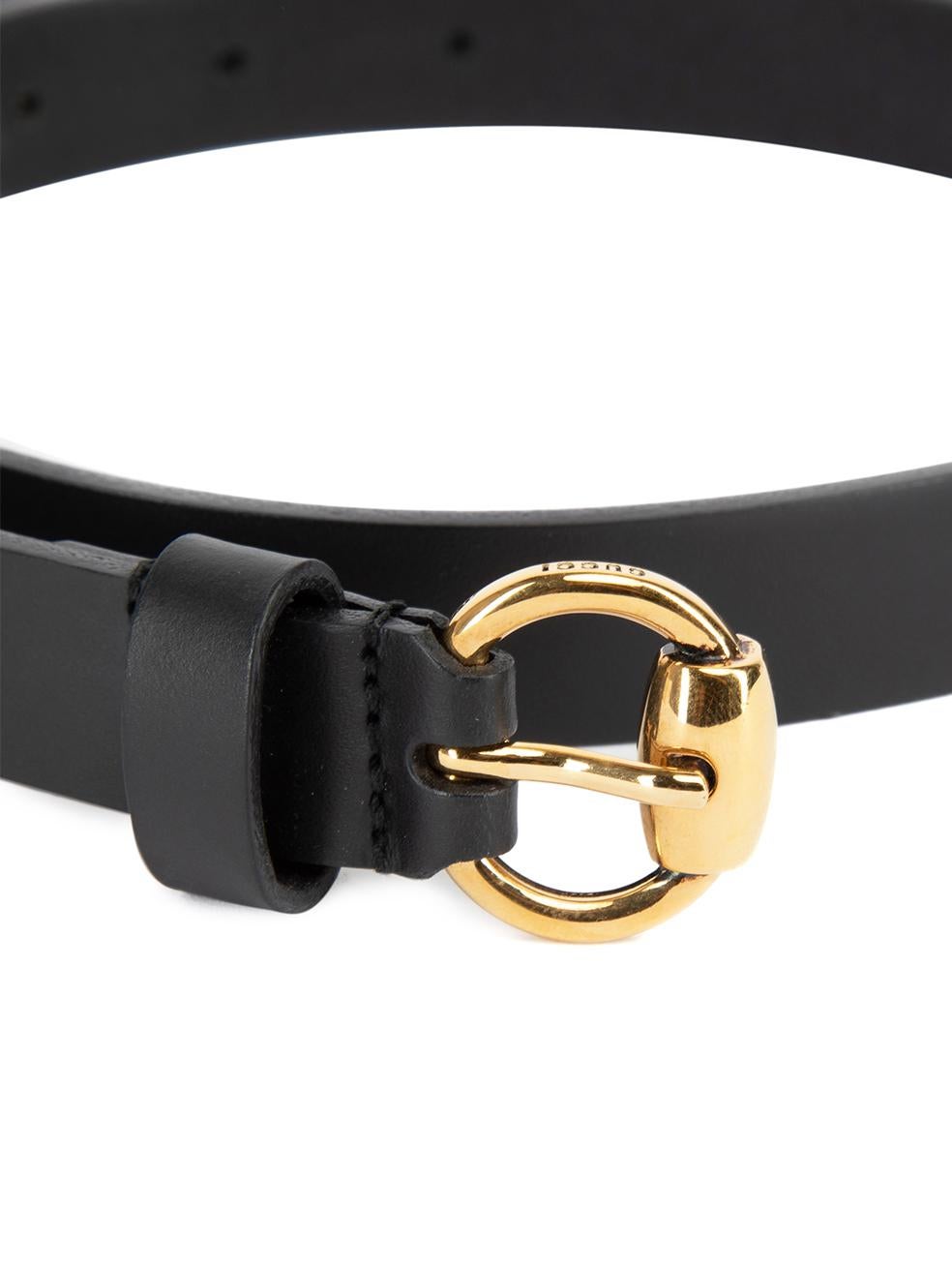 CONDITION is Very good. Hardly any visible wear is evident on this used Gucci designer resale item. Details Black Leather Skinny belt Horsebit golden buckle Made in Italy Composition Leather Size & Fit Length: 89cm/35in Width: 2cm/0. 5in Size: