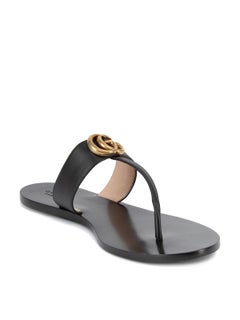 Pre-Loved Gucci Women's Black Marmont Leather Thong Sandals with Double G