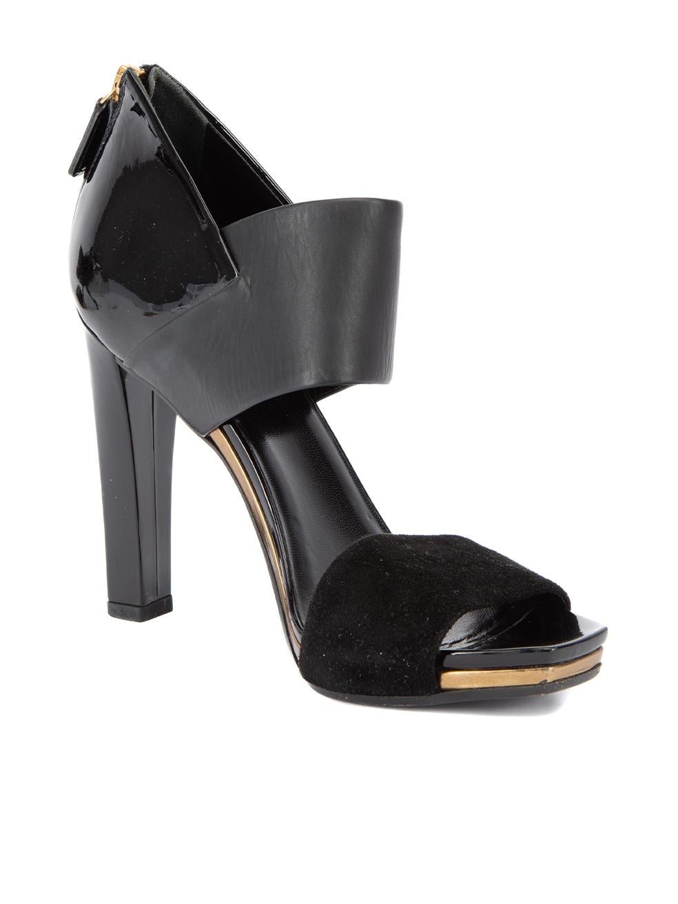 CONDITION is Very good. Hardly any visible wear to heels is evident on this used Gucci designer resale item. Details Black Patent leather, suede and leather Peep square toe High heel Back zip closure Leather interior Made in Italy Composition