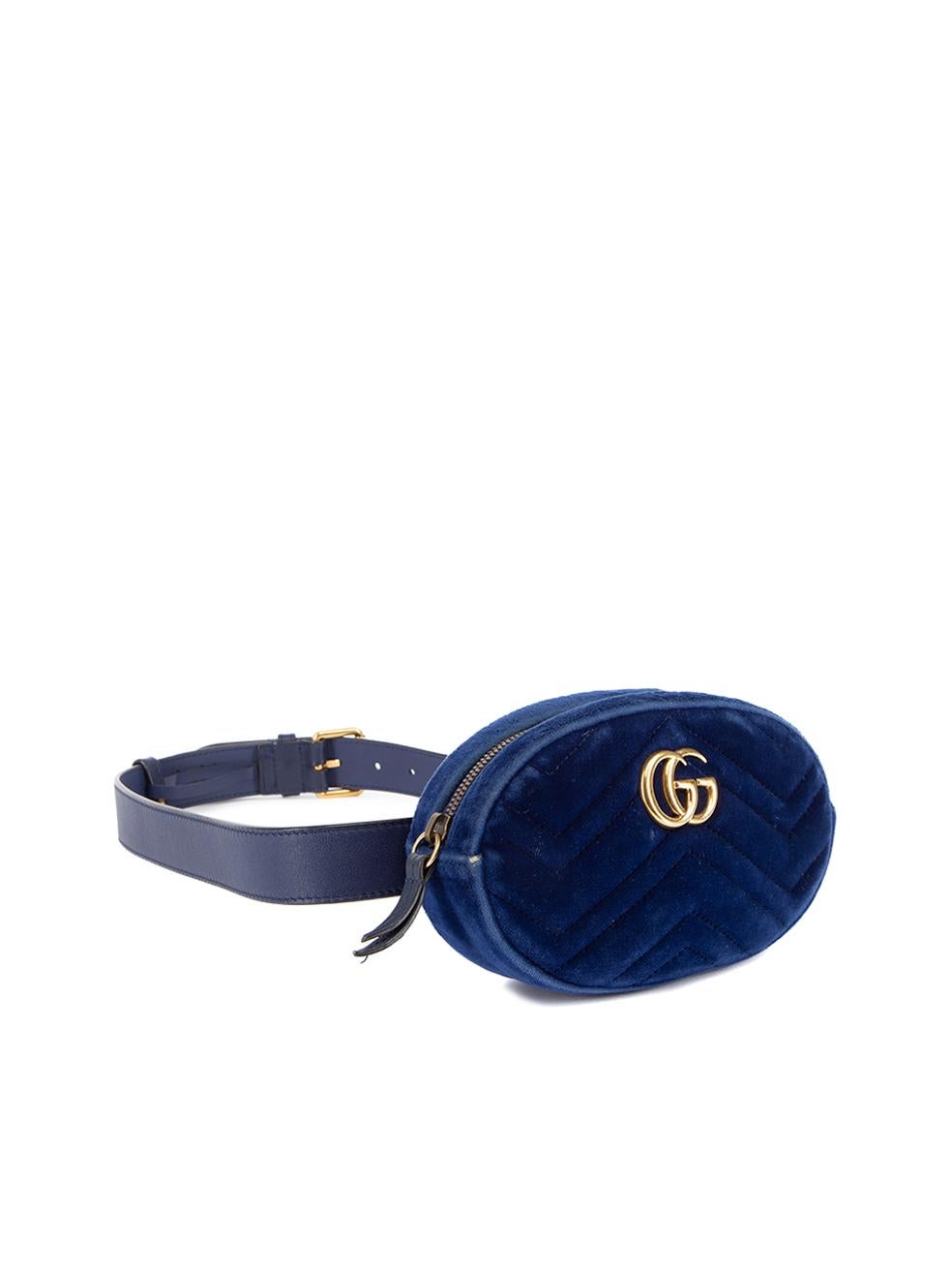 CONDITION is Good. Minor wear to bag is evident. Light wear to the velvet exterior which is worn down around the edges. Pen marks can also be seen to the bag interior on this used Gucci designer resale item. Details Blue Velvet Medium belt bag