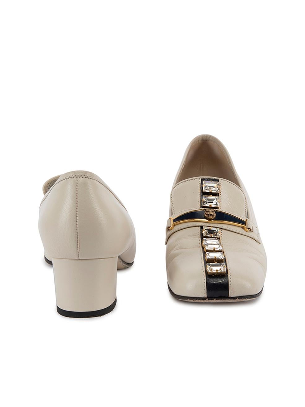 Pre-Loved Gucci Women's Cream Ginger Embellished Leather Loafer Pumps In Excellent Condition In London, GB