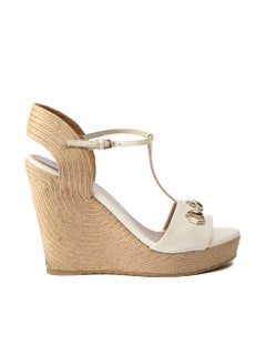 Pre-Loved Gucci Women's Cream Patent Leather Horse Bit Wedge Espadrille