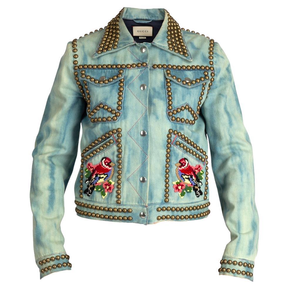 Pre-Loved Gucci Women's Embroidered &amp; Studded Denim Jacket Blue