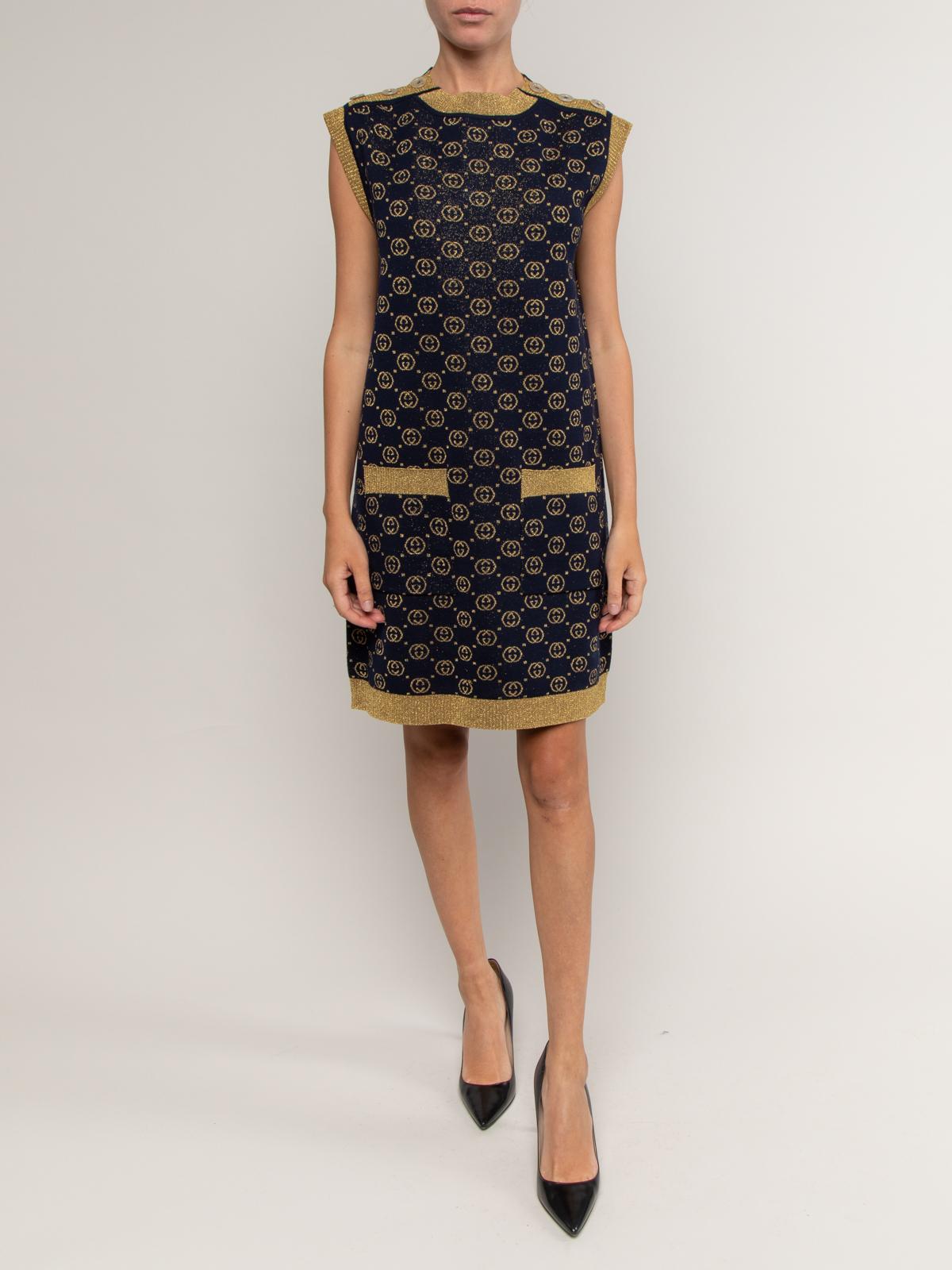 Editor\\\'s Note Cosy up in this used Gucci dress. Invest in designer resale knitwear to expand your collection of luxury consignment used designer clothing whilst staying snug. Featuring the GG print and gold accents, this second hand Gucci dress
