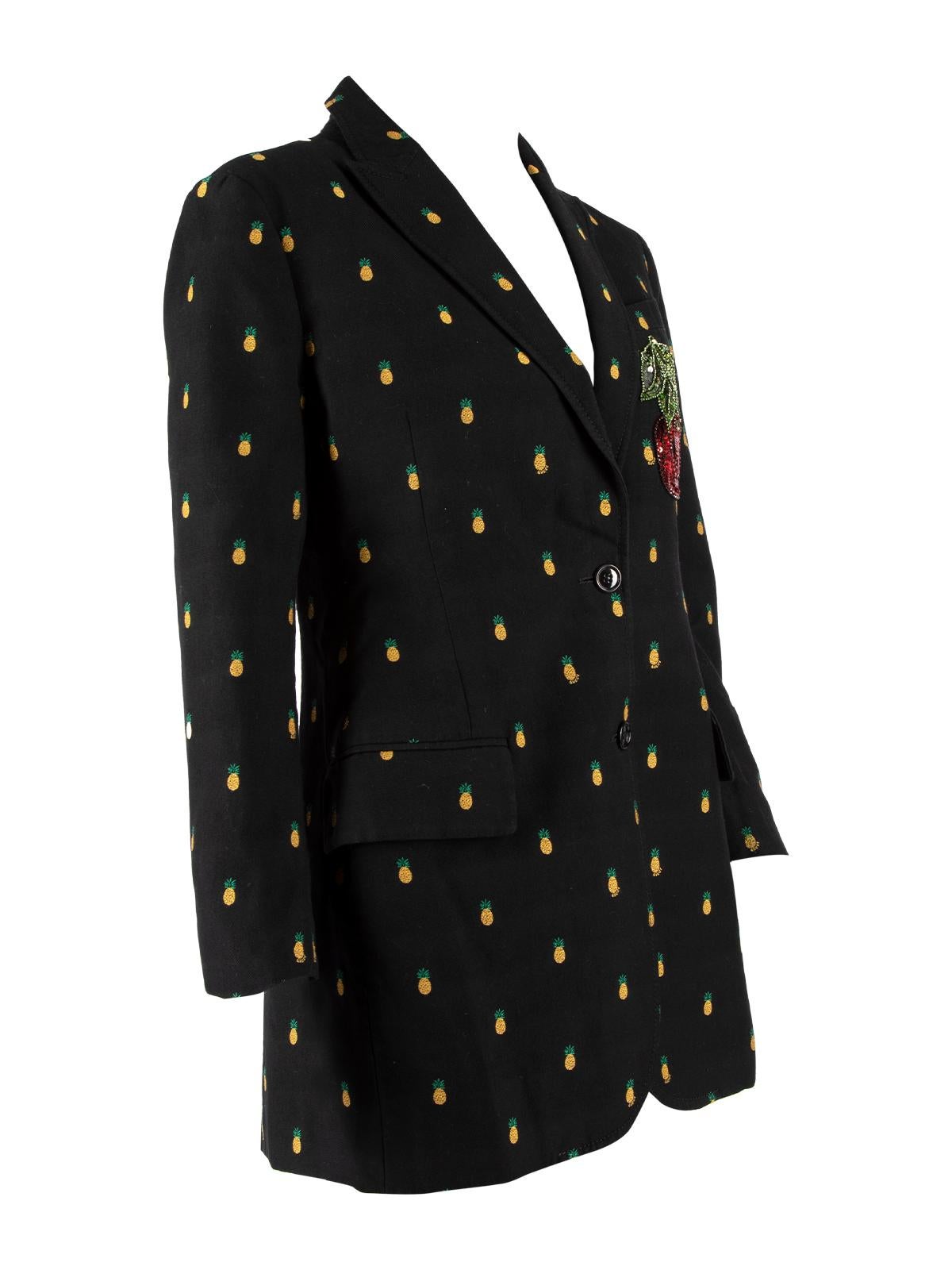 CONDITION is Very good. Hardly any visible wear to blazer is evident on this used Gucci designer resale item. Details Black Cotton and wool Blazer Form fitting Long sleeve V neck Embroidered pattern 2x exterior pockets Single breasted Front button