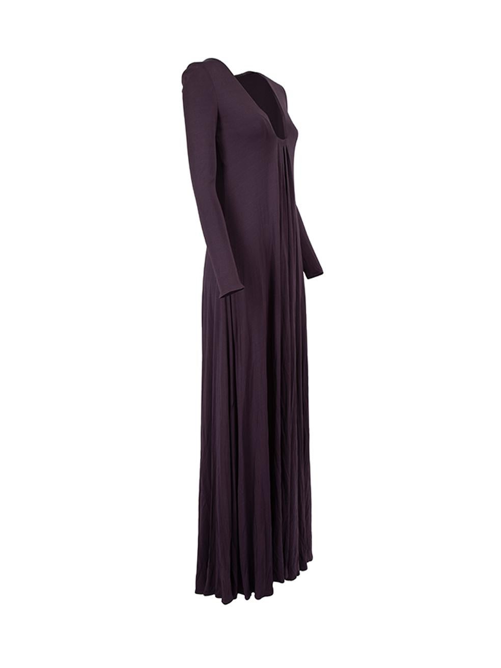 CONDITION is Very good. Hardly any visible wear to dress is evident on this used Gucci designer resale item. Details Purple Viscose Maxi dress Long sleeves Plunge neckline with internal ring Pleats detail on centre front Made in Italy Composition