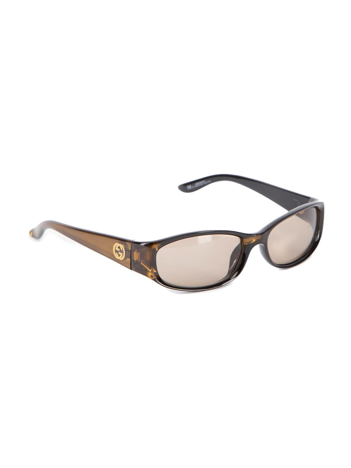 CONDITION is Very good. Minimal wear to sunglasses is evident. Minimal scuffs seen on the face and arms on this used Gucci designer resale item. This item comes with the original case which has some scuff marks. Details Brown Rectangular Sheen to