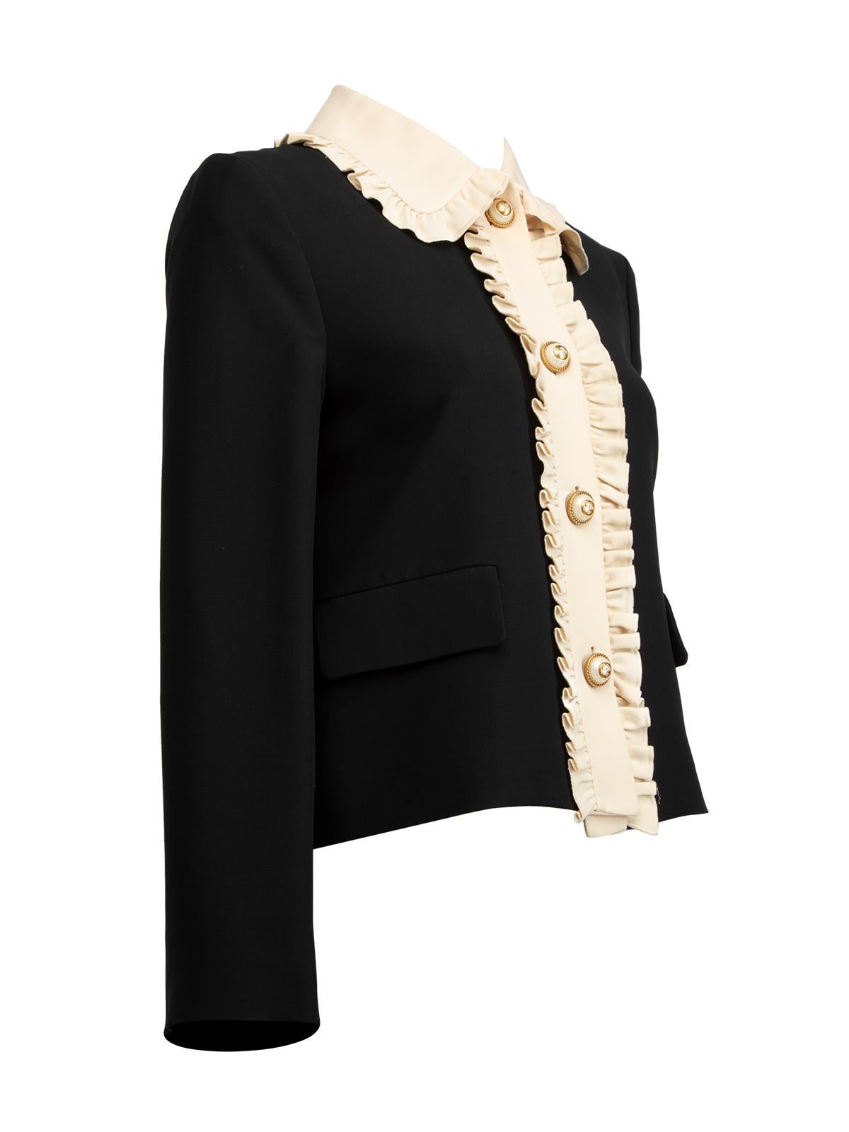 CONDITION is Very good. Minimal wear to jacket is evident. Minimal wear to inside of lapel on this used Gucci designer resale item. Details Black with cream contrast Wool Long sleeves GG gold & pearlescent button design Ruffle collar trim with