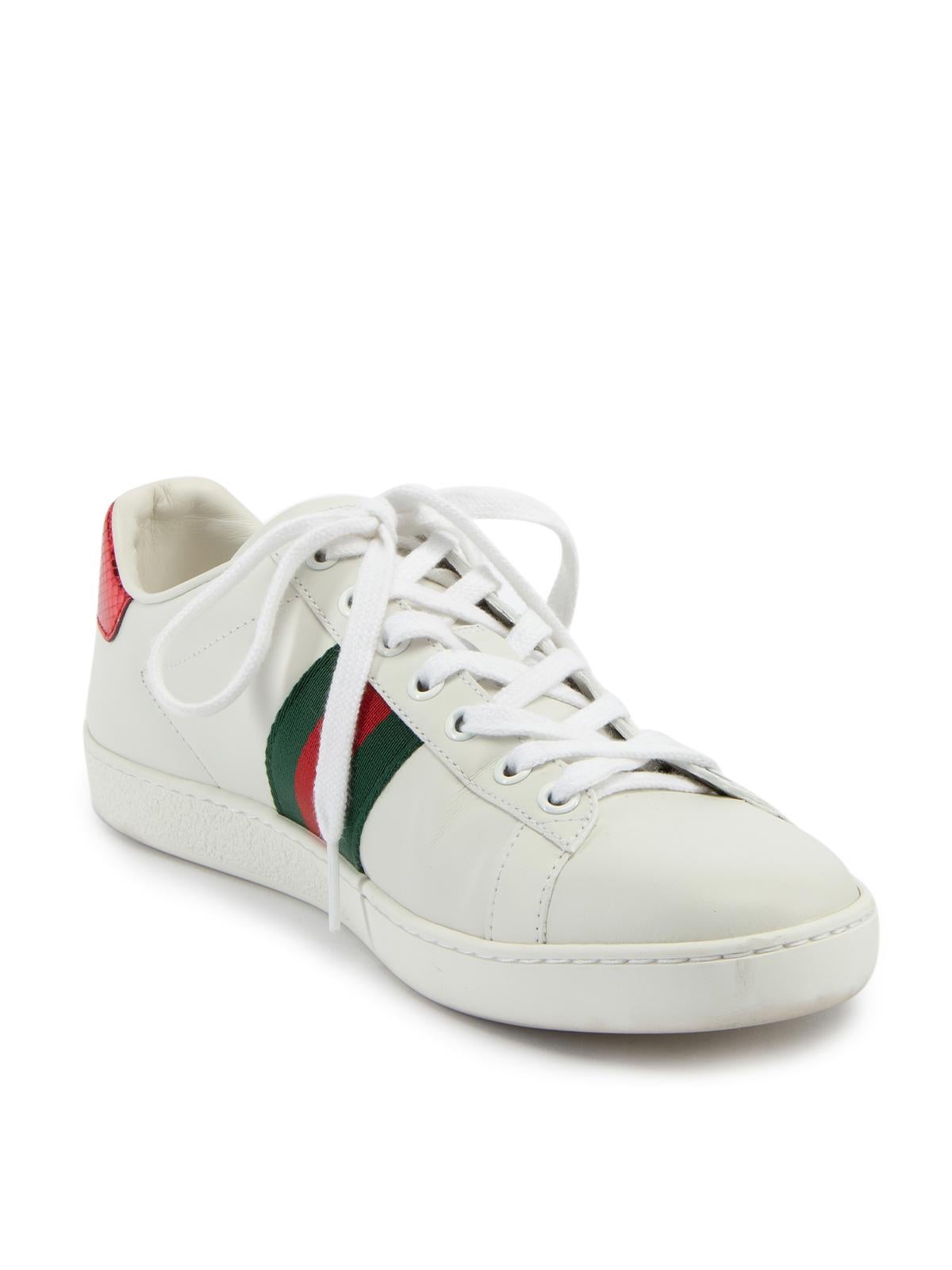 CONDITION is Very good. Minimal wear to trainers is evident. Minimal wear to the midsoles and very light creasing to the vamp on this used Gucci designer resale item. This item comes with the original dustbag and shoe box. Details White Leather Lace