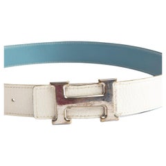 Pre-Loved Hermès Women's H Logo Blue and White Reversible Belt