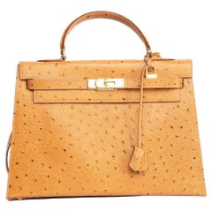 Kelly 35 Gold Colour in Ostrich Leather with gold Hardware. Hermès. 2001., Handbags and Accessories Online, Ecommerce Retail