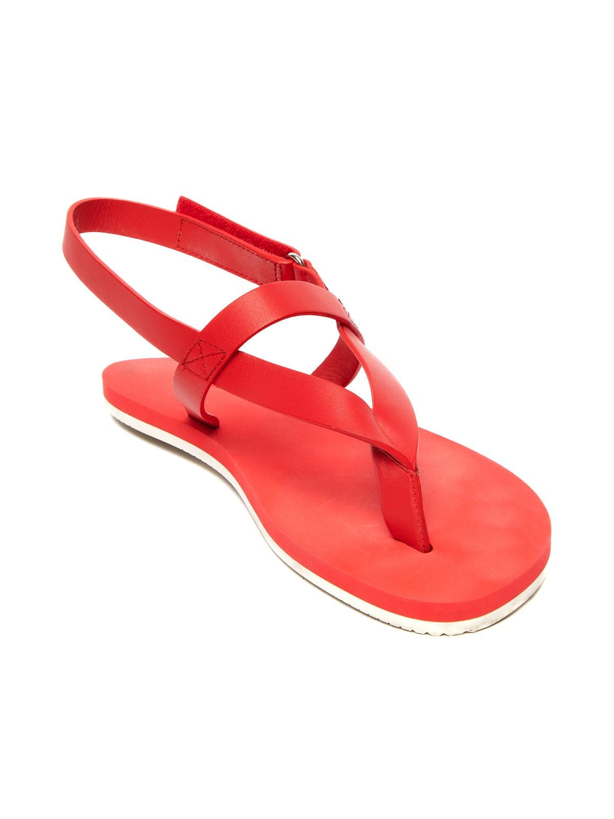 CONDITION is Good. Some wear to sandals is evident. Slight discolouration on insole and signs of general use on outsoles on this used Hermes designer resale item. Details Tahiti sandal Red Leather Flats Sling back Velcro fastening Rubber soles Made