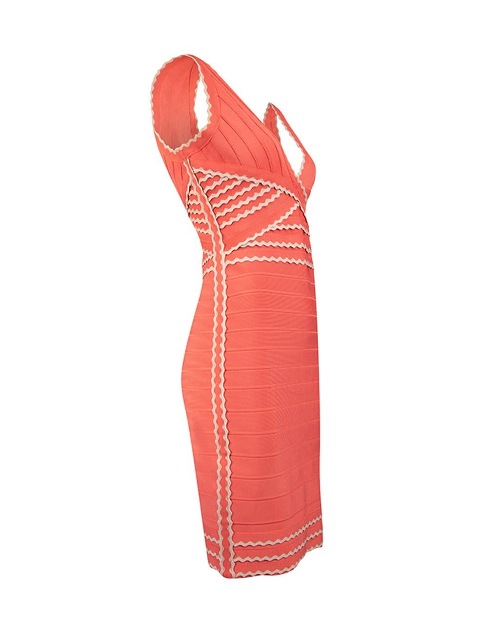 CONDITION is Very good. Hardly any visible wear to dress is evident on this used Herve Leger designer resale item. Details Coral Synthetic Mini bandage dress V neckline Wavy dusty pink trimmings Back zip closure with hook and eye Made in China