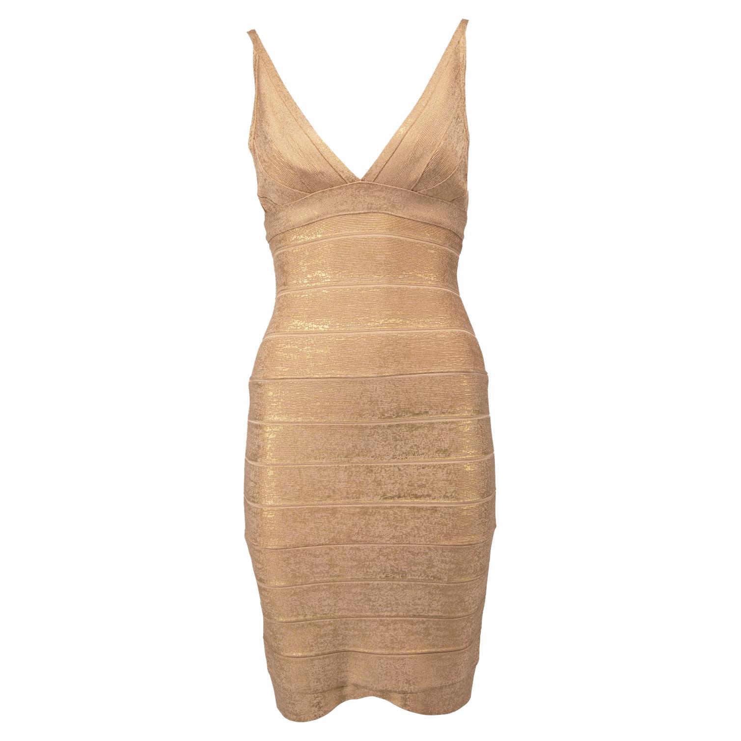 Pre-Loved Herve Leger Women's Gold Bandage V Neck Mini Dress