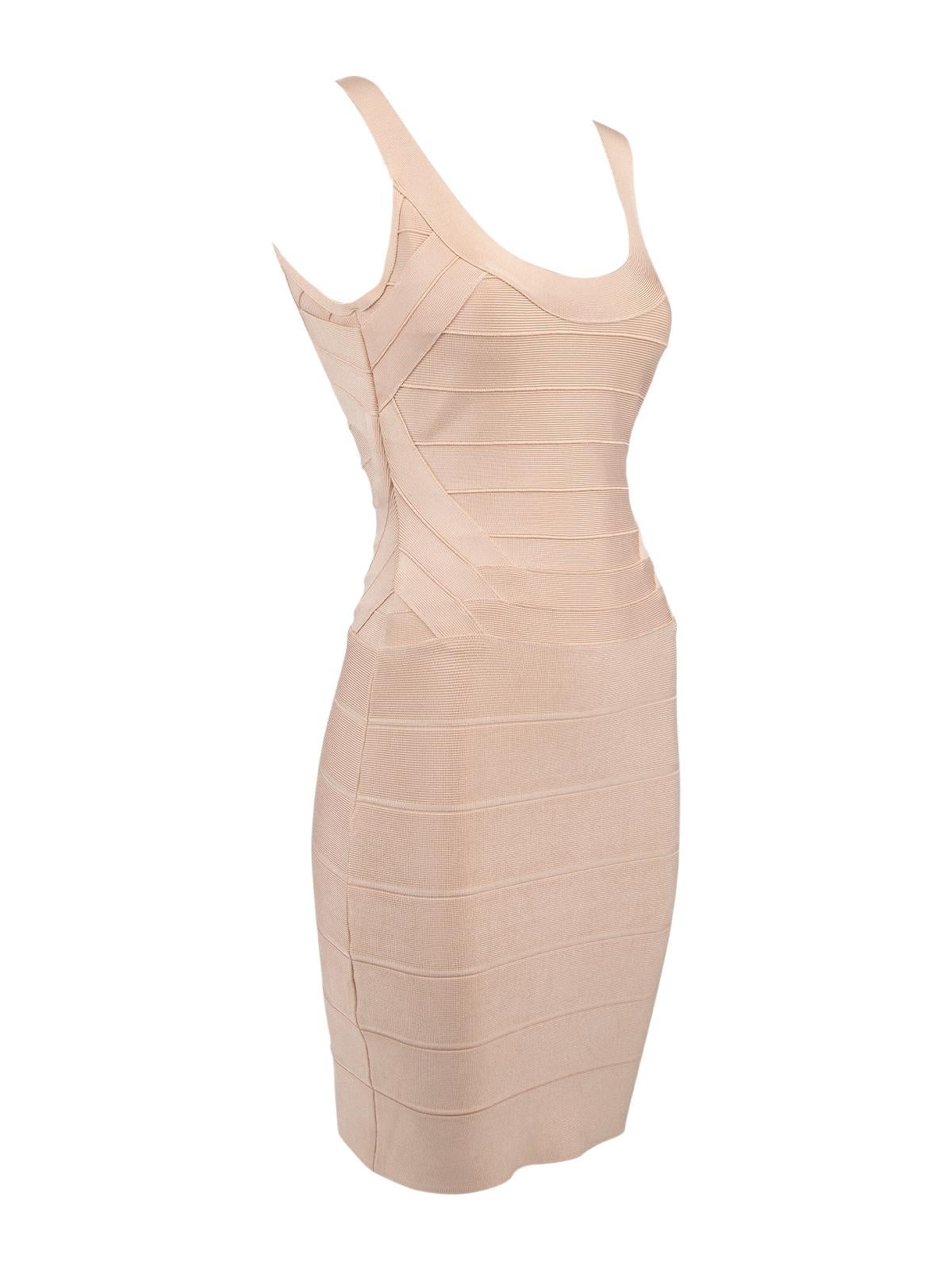 CONDITION is Very good. Minimal wear to dress is evident. Overall wear to outer fabric on this used Herve Leger designer resale item. Details Nude Rayon Bodycon style Tight fit Sleeveless Round neckline Thick straps Made in CHINA Composition 90%