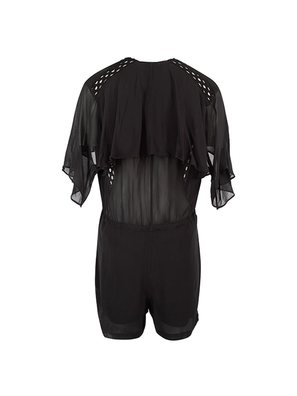 CONDITION is Very good. Minimal wear to dress is evident. Minimal wear to the fabric of the cutout accents on this used Iro designer resale item. Details Black Viscose Jumpsuit Short sheer sleeves V neckline Wrap front design Cut out lace trimmings
