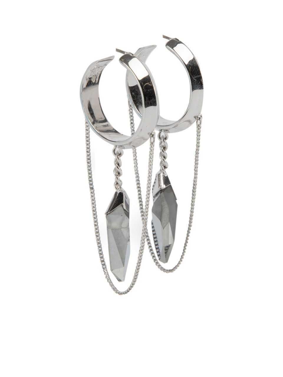 CONDITION is Very good. Hardly any visible wear to earrings is evident on this used Jean Paul Gaultier designer resale item. Details SIlver Siliver Hoop Earrings with chain and gem accents Composition 100% Silver Size & Fit Length: 8. 8cm/ 3. 5in