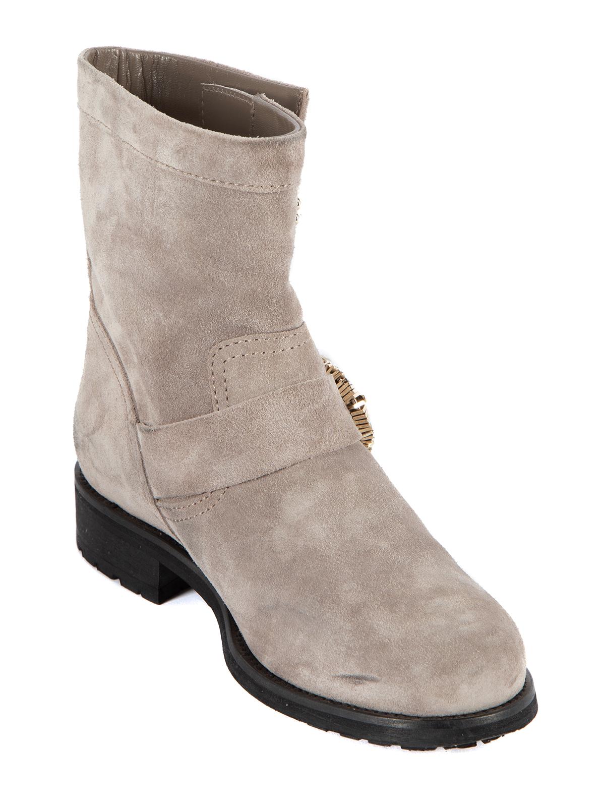 CONDITION is Very good. Minimal wear to boots is evident. Minimal wear to suede exterior where stains can be seen on this used Jimmy Choo designer resale item. Details Grey Suede Ankle boot Embellished details Slip on and buckle fastening Brand name