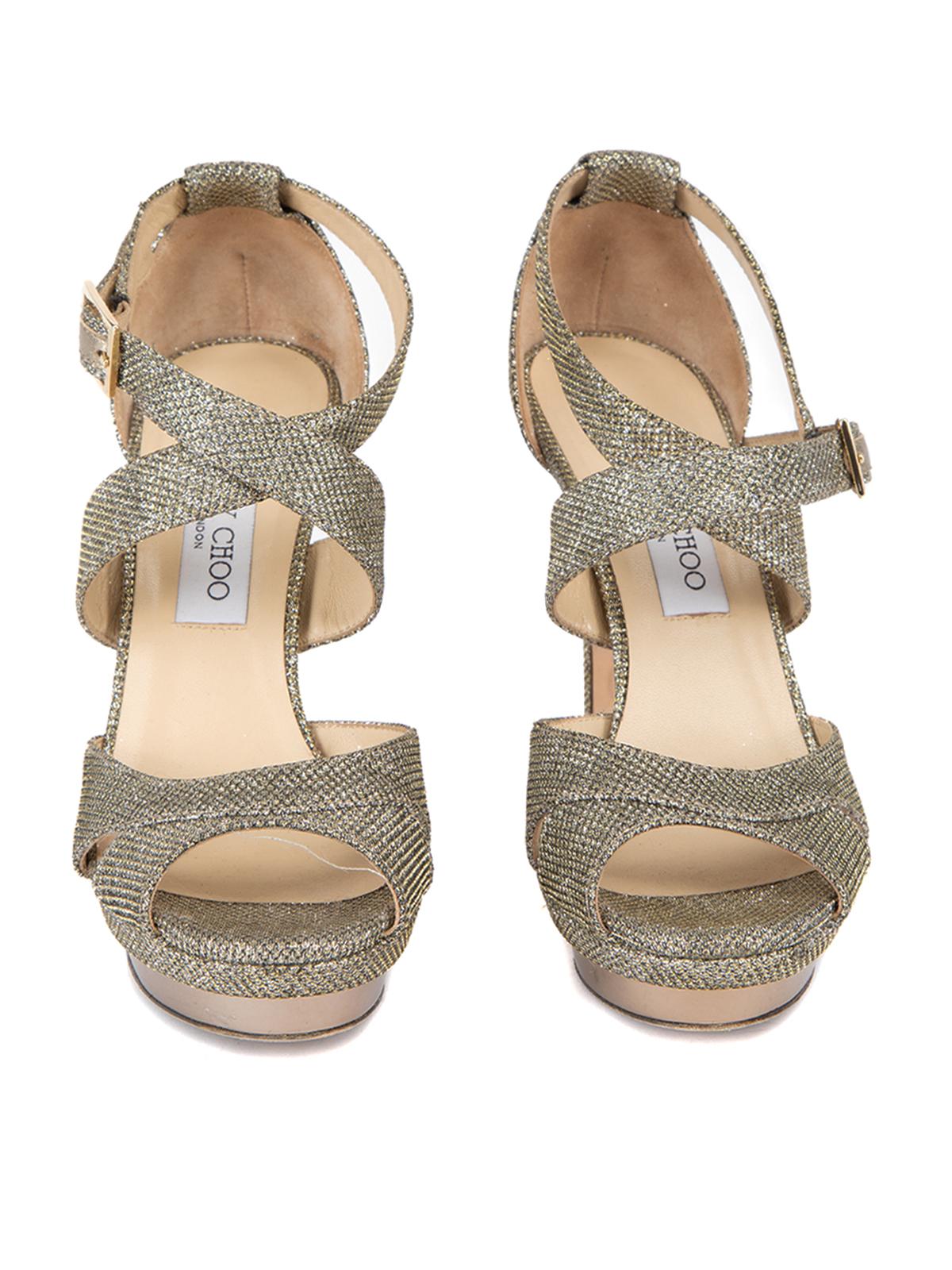 Pre-Loved Jimmy Choo Women's Gold Lame Glitter Kuki Platform Sandal In Excellent Condition In London, GB
