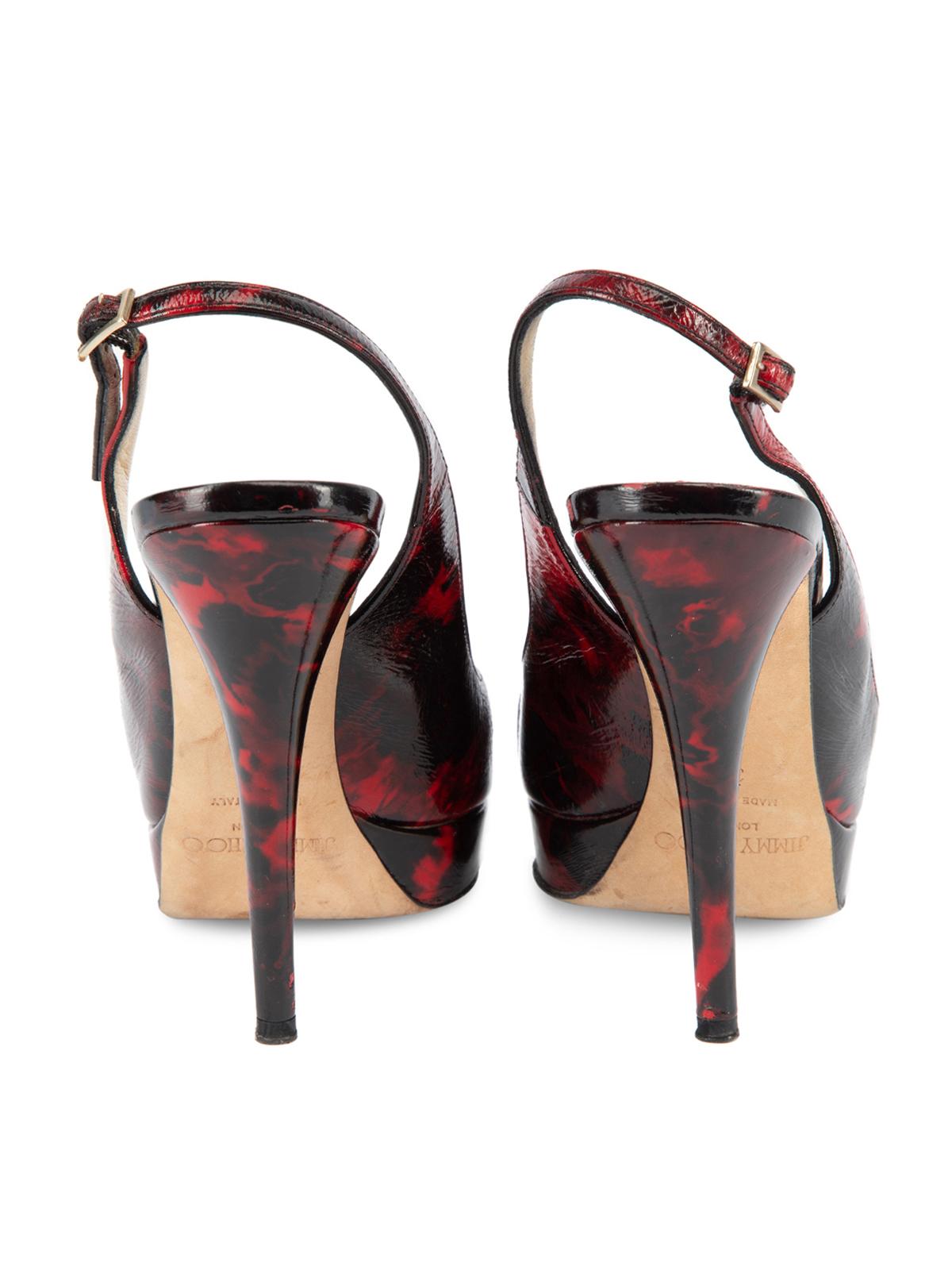 Pre-Loved Jimmy Choo Women's Red & Black Patterned Crown Slingback Peep Toe In Excellent Condition In London, GB