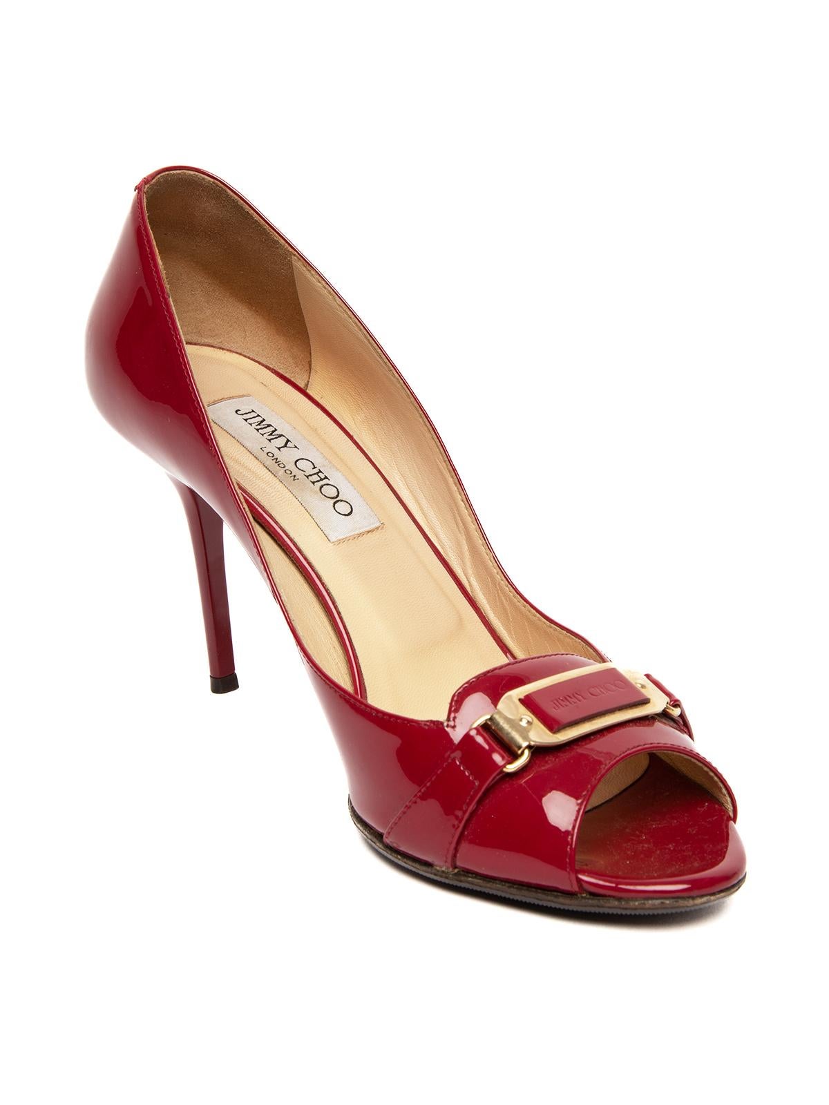CONDITION is Good. Some wear to shoes is evident. Shoes have been resoled and there are signs of general use to the insoles on this used Jimmy Choo designer resale item. Details Colour - red/raspberry Material - patent leather Toe style - peep-toe