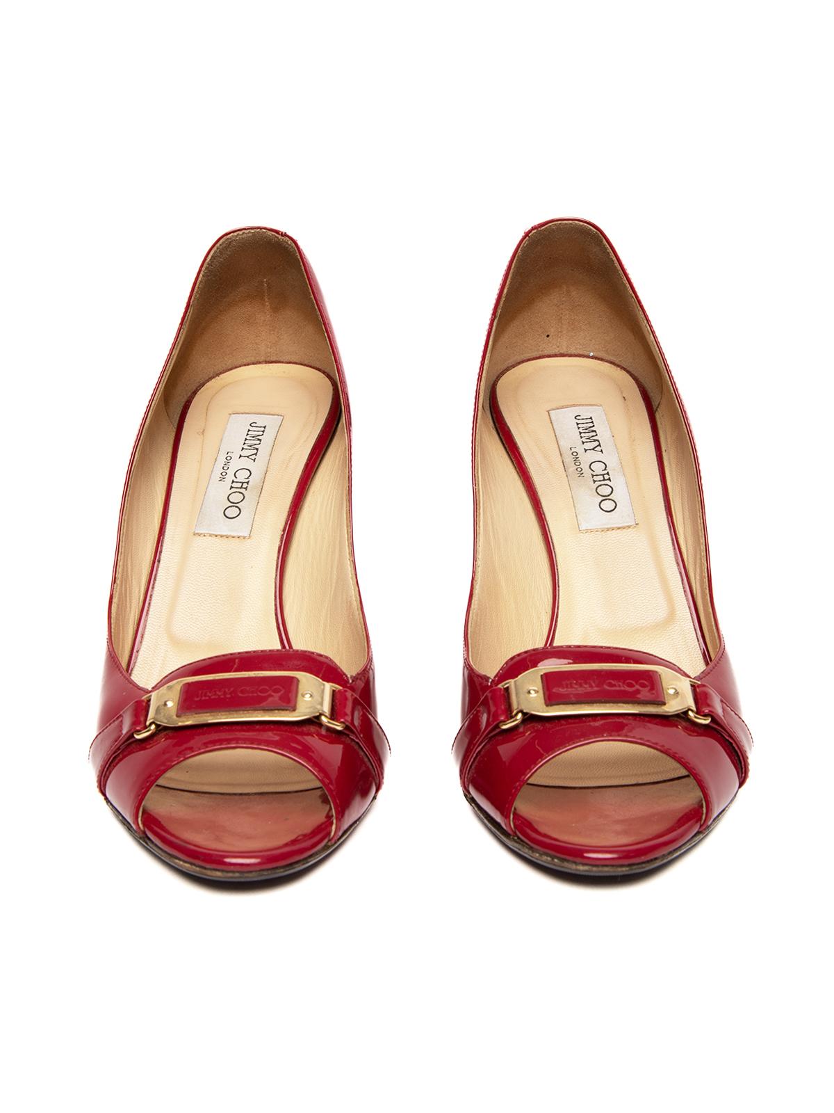 Pre-Loved Jimmy Choo Women's Red Patent Peep Toe Heels In Good Condition In London, GB
