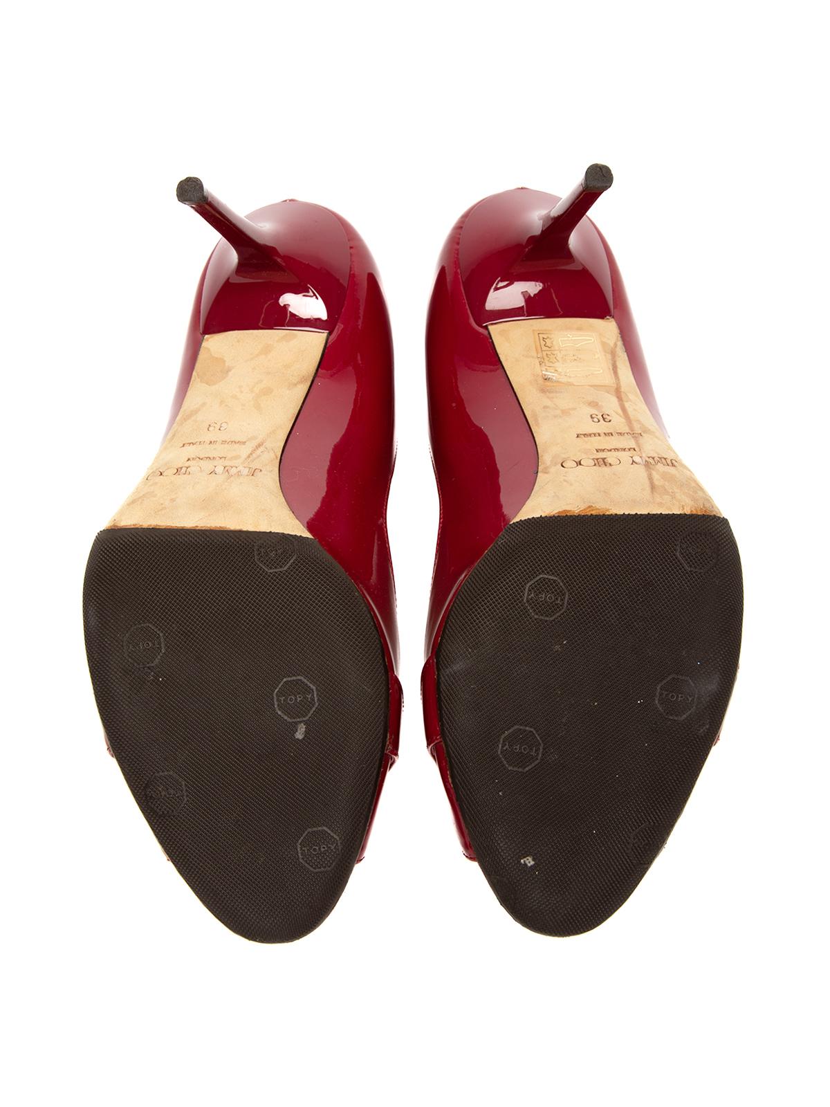 Pre-Loved Jimmy Choo Women's Red Patent Peep Toe Heels 2