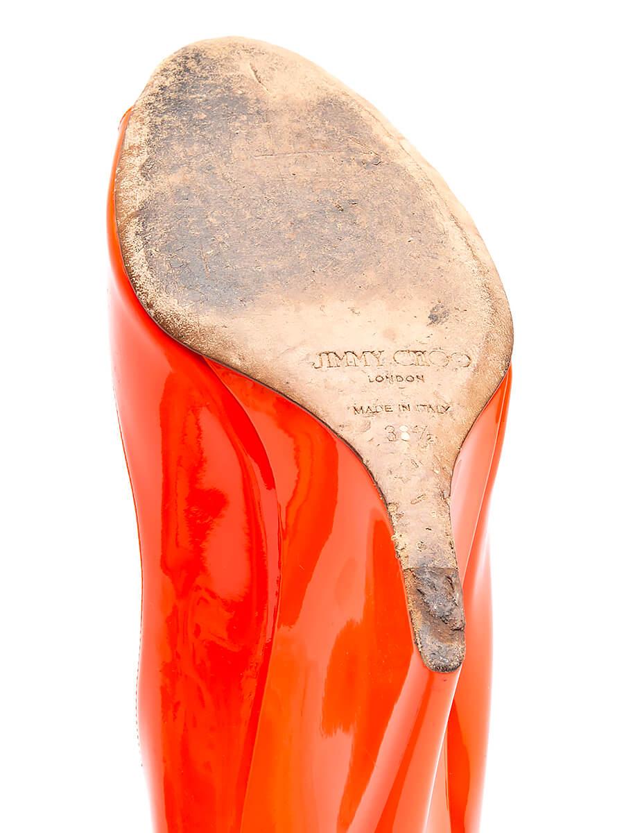 Pre-Loved Jimmy Choo Women's Sandal Wedge Heels Orange Patent Leather In Good Condition In London, GB