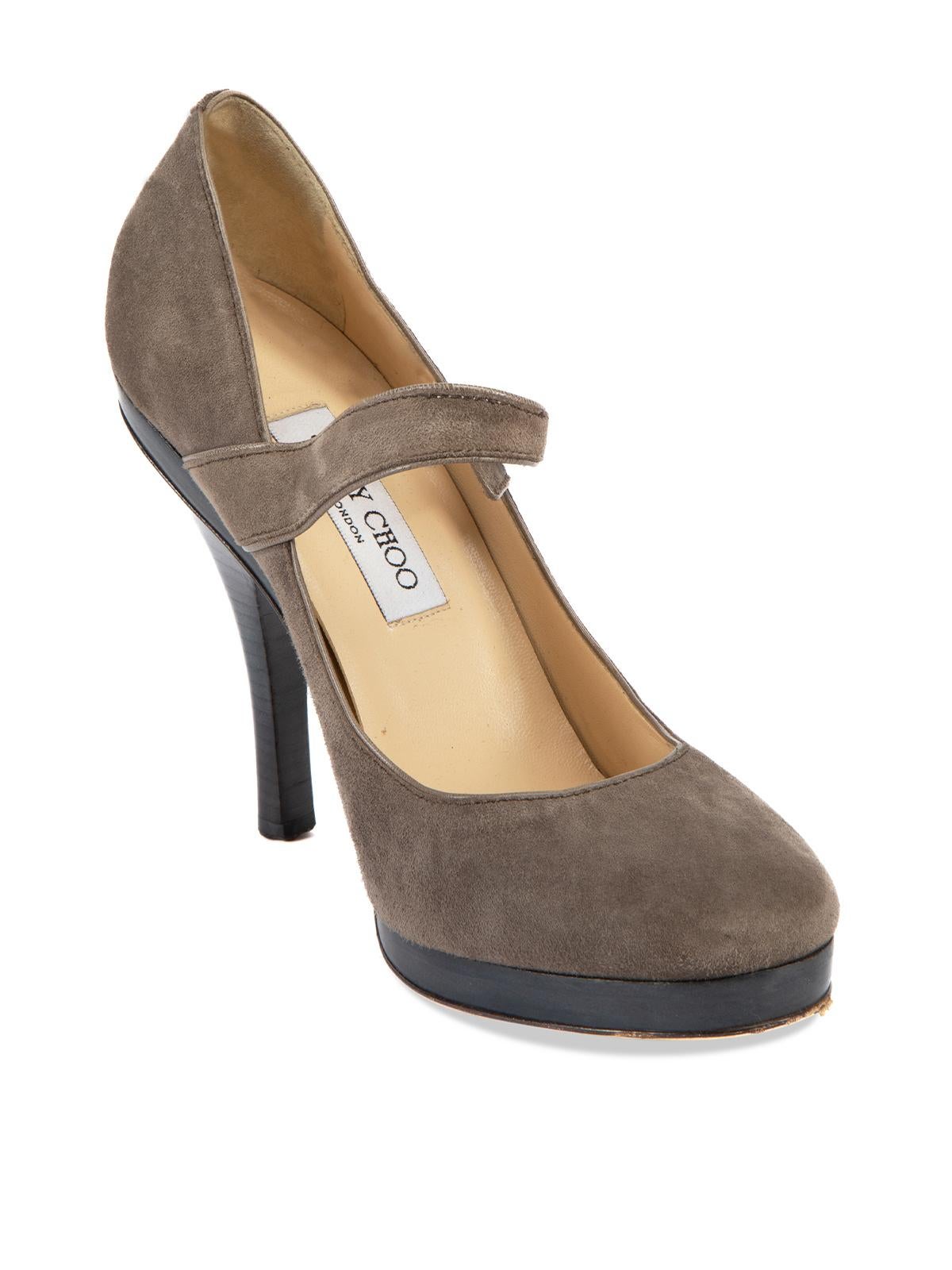 CONDITION is Very good. Minor wear to heels is evident. Light wear to suede exterior and outsole on this used Jimmy Choo designer resale item. Details Grey Suede Platform pumps Round toe High heel Mary Jane style Ankle strapped closure Leather