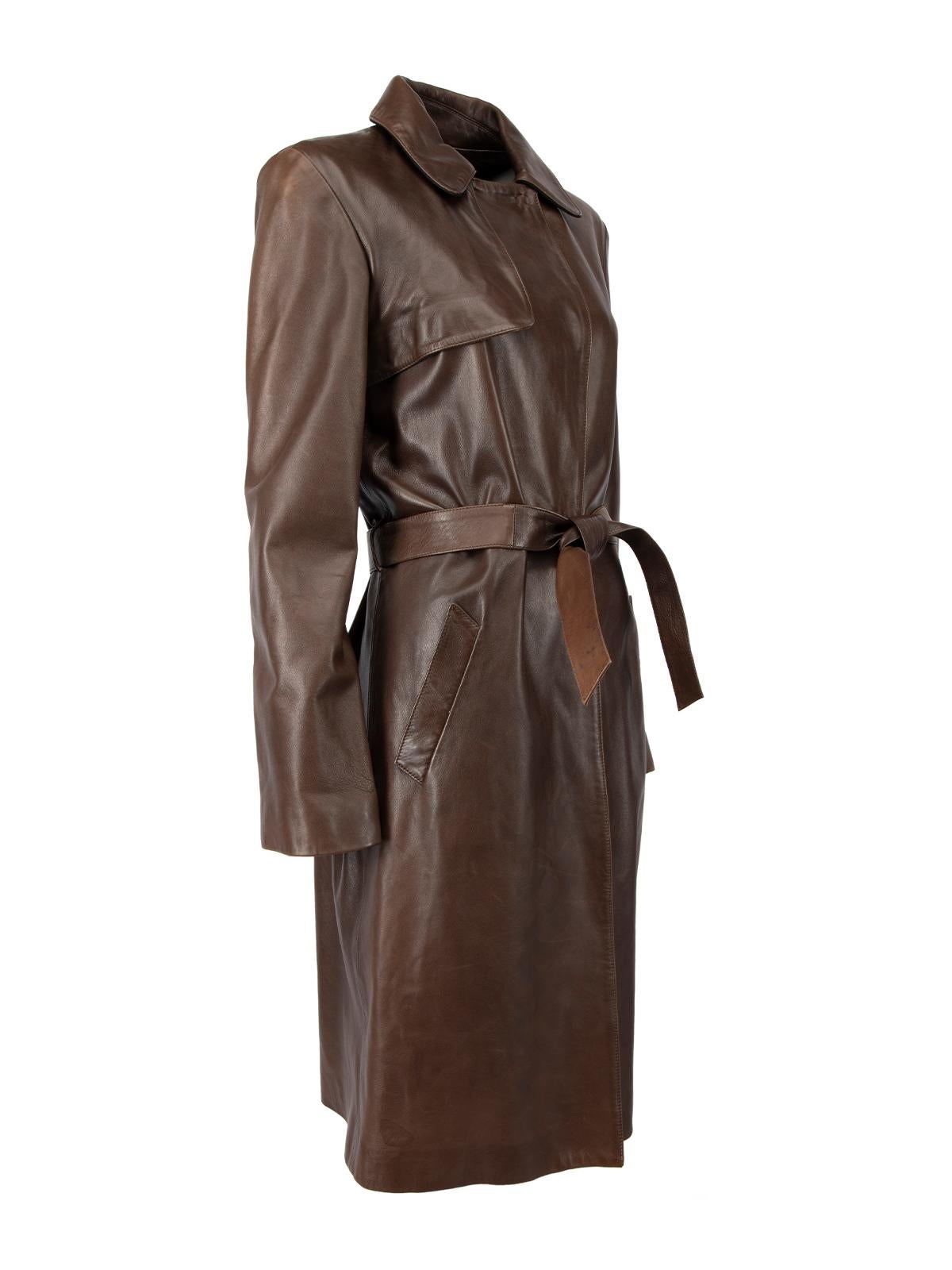CONDITION is Very good. Minimal wear to coat is evident. Minimal wear to the leather exterior where light scuffs can be seen on this used Joseph designer resale item. Details Brown Leather Trench coat Long length Long sleeves Single breasted Snap