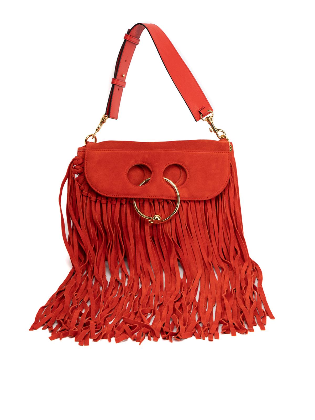 Pre-Loved JW Anderson Women's Red Suede Medium Pierce Shoulder Bag with Fringes In Excellent Condition In London, GB