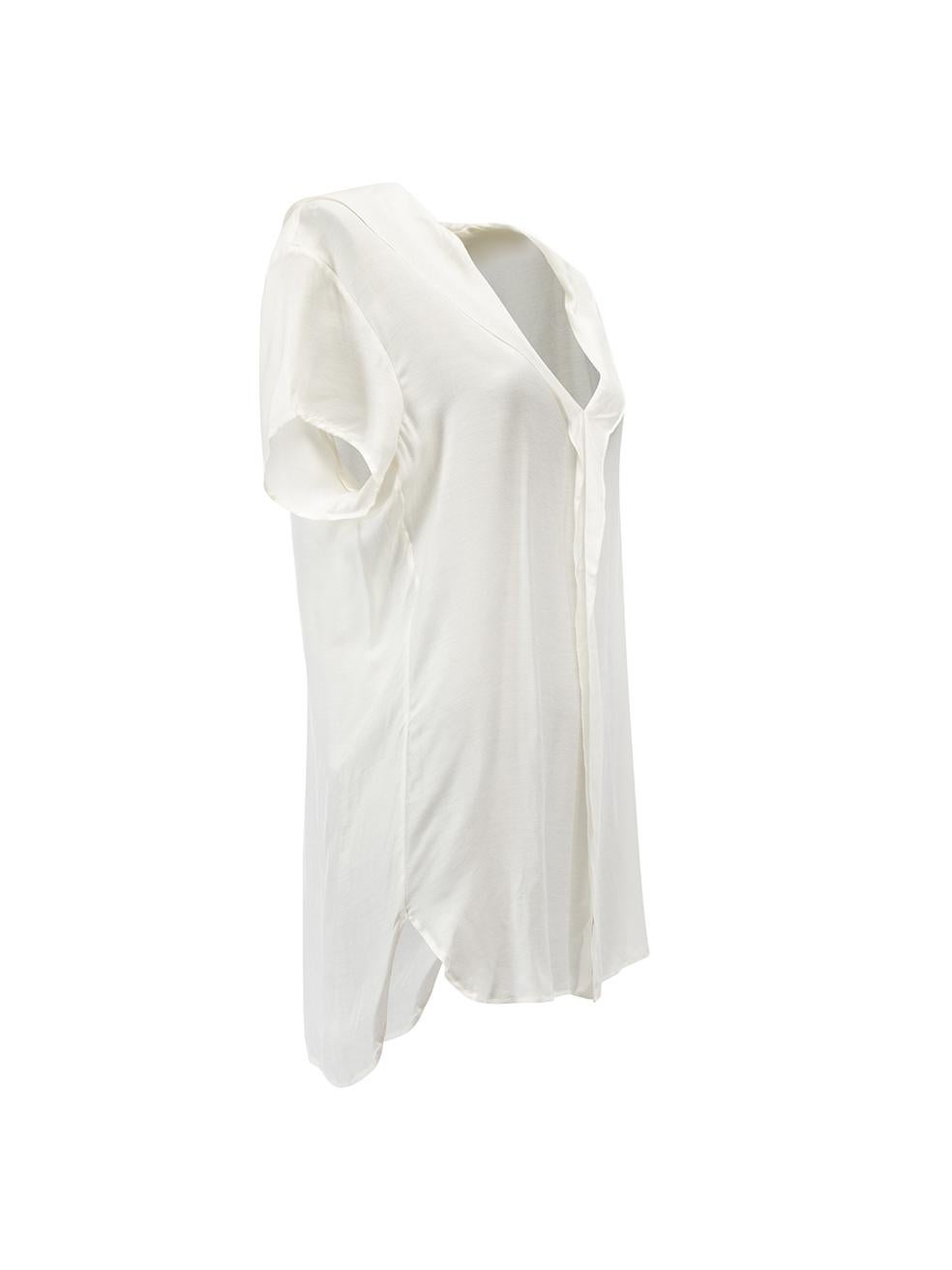 CONDITION is Very good. Hardly any visible wear to blouse is evident on this used Lanvin designer resale item. Details Cream Viscose Short sleeve blouse V neckline Floty ruffles design Side vents Made in Italy Composition 72% Viscose, 20% Silk and