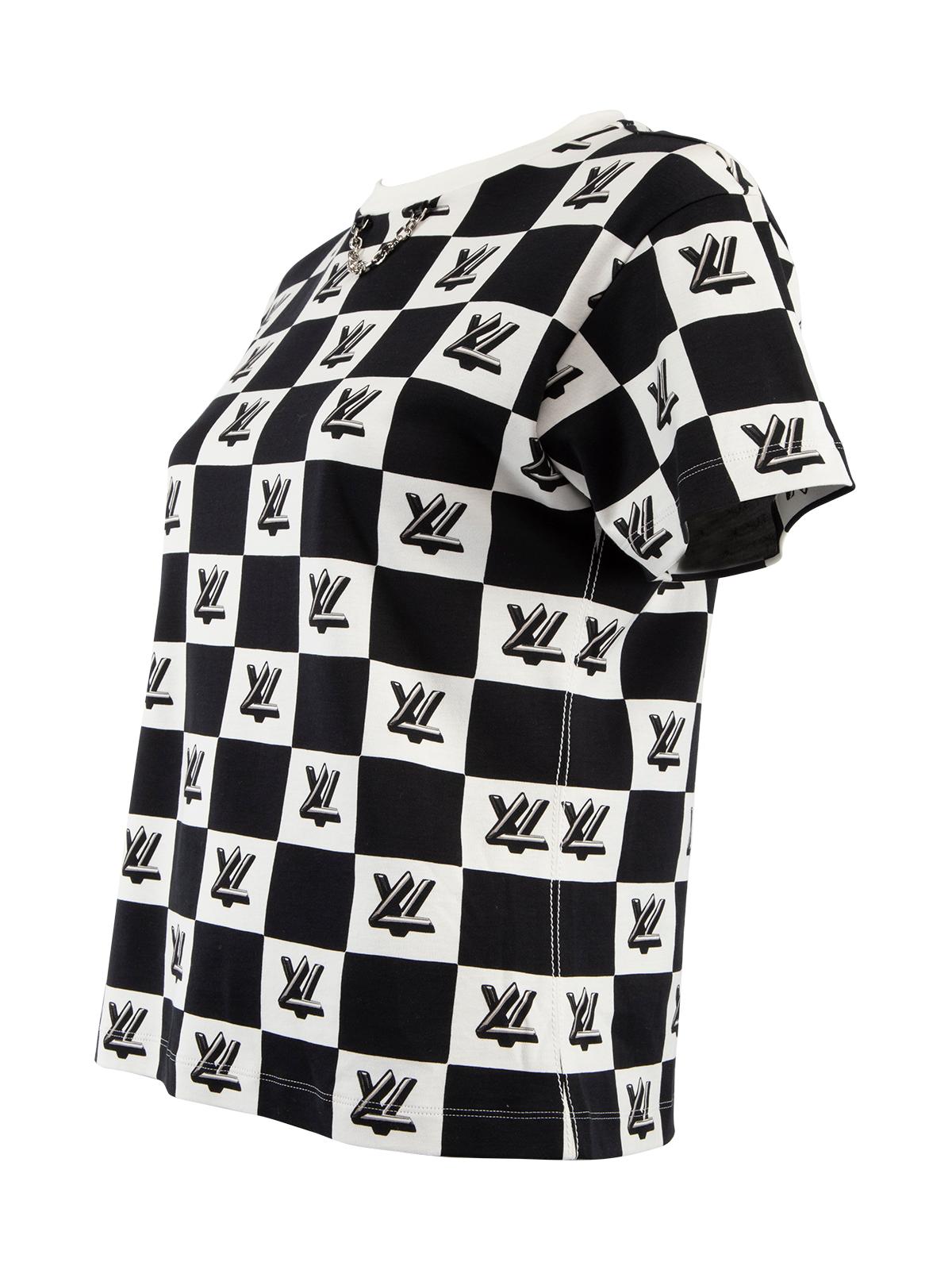 CONDITION is Very good. Hardly any visible wear to top is evident on this used Louis Vuitton designer resale item. Details Black/white Cotton Casual Loose-fit Short sleeves Round neck Chain neck embellishment Checker board pattern Louis Vuitton logo
