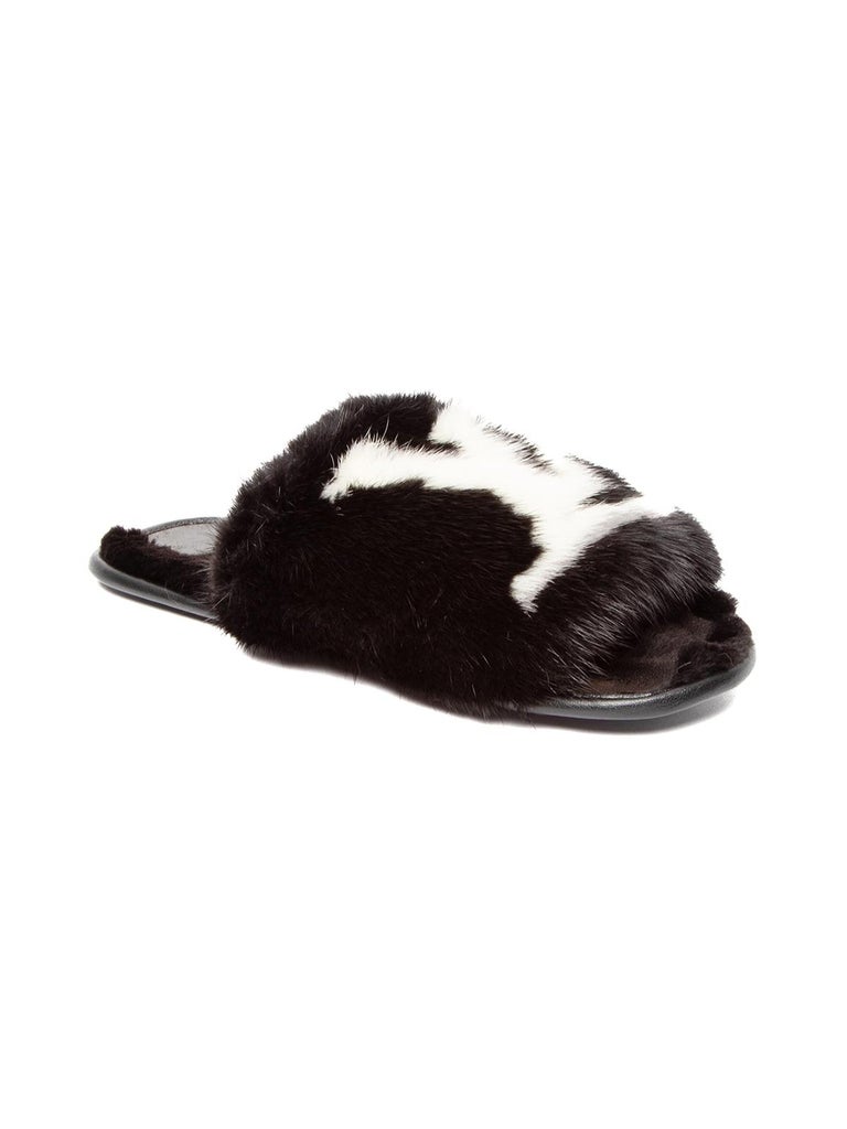 LV mirrored quality mink fur slippers